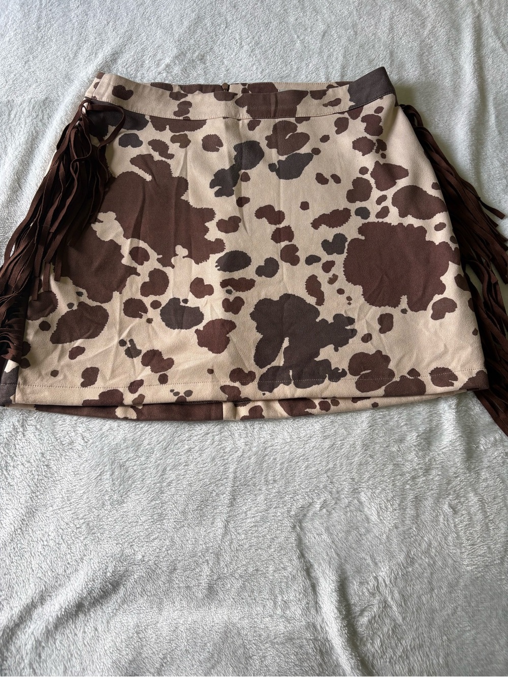 Fringe-Trim Cowprint Mini Skirt in Brown and Cream